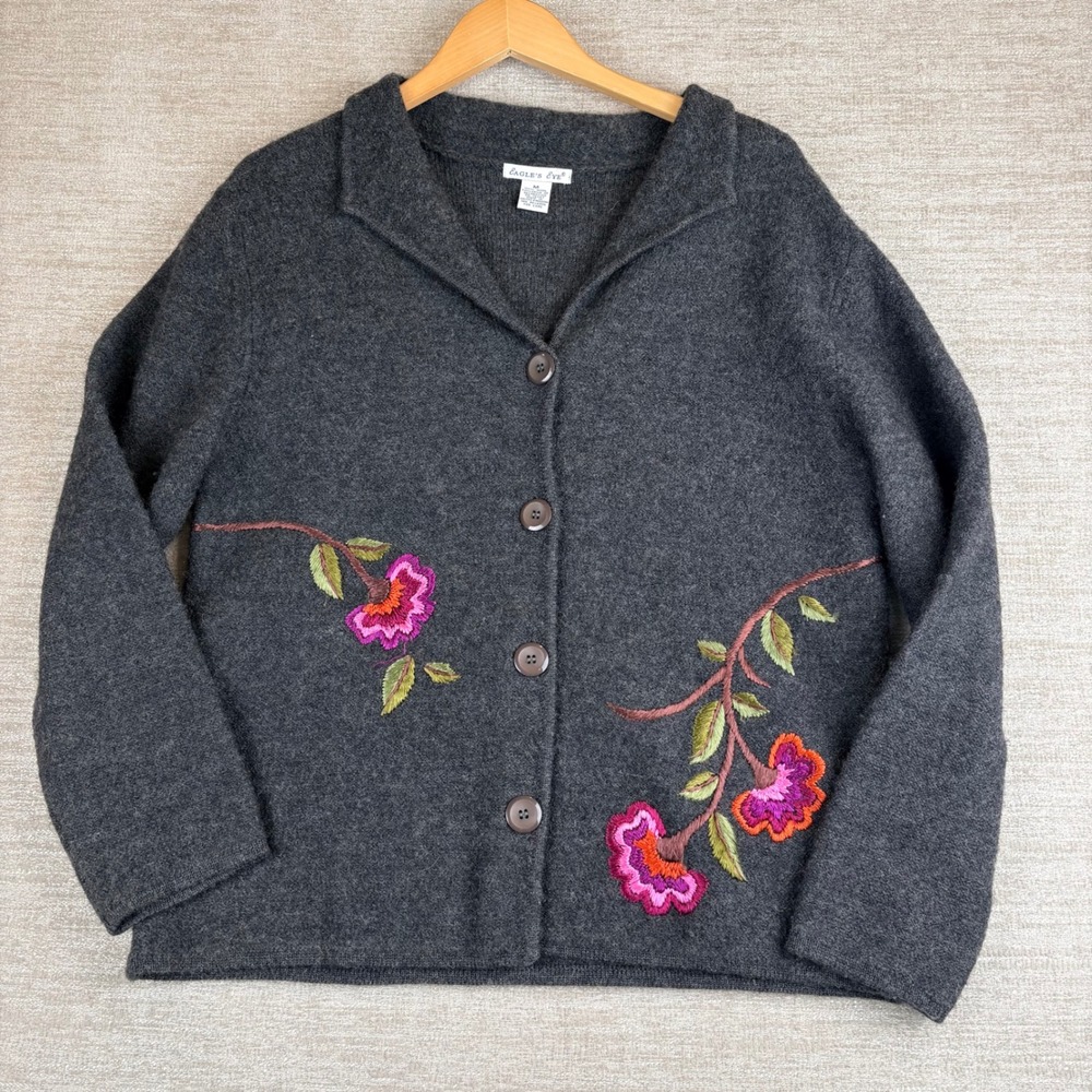 Vintage Eagle's Eye Wool Sweater Womens M Gray Floral Embroidered Made in UK